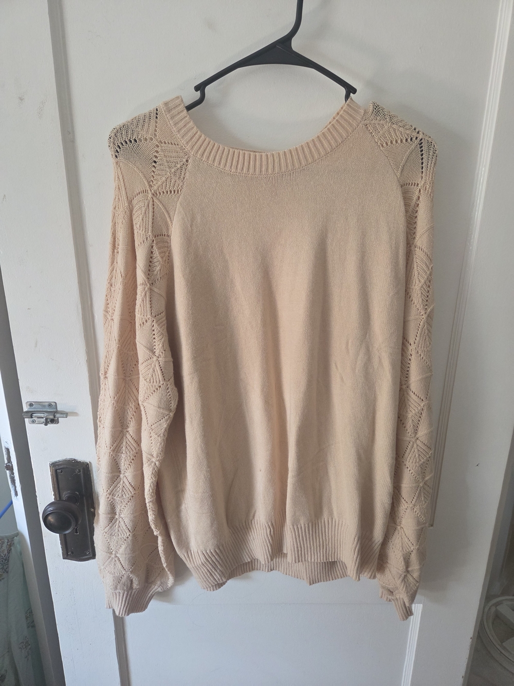 zeagoo Cream Crewneck Sweater with Lace-Knit Sleeves